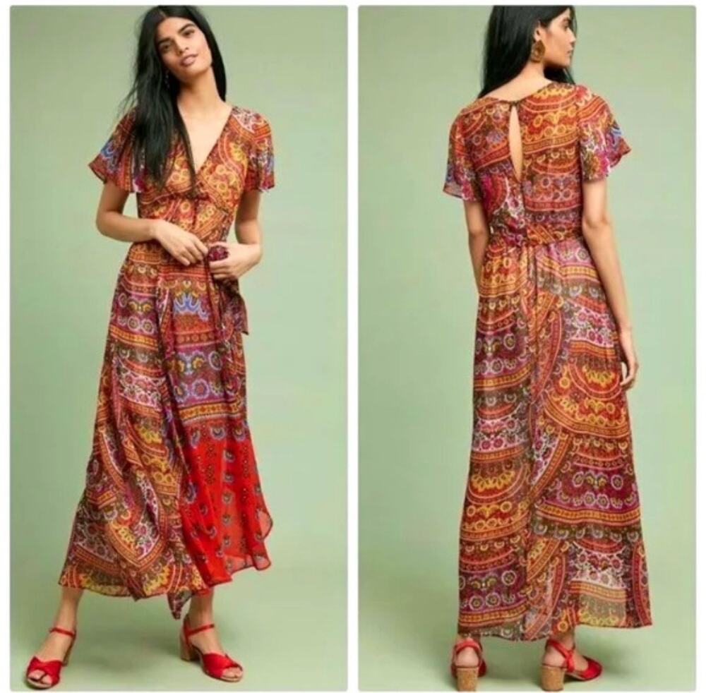 Akemi + Kin Anthropologie Red Indian Floral Boho Short Sleeve Midi Dress